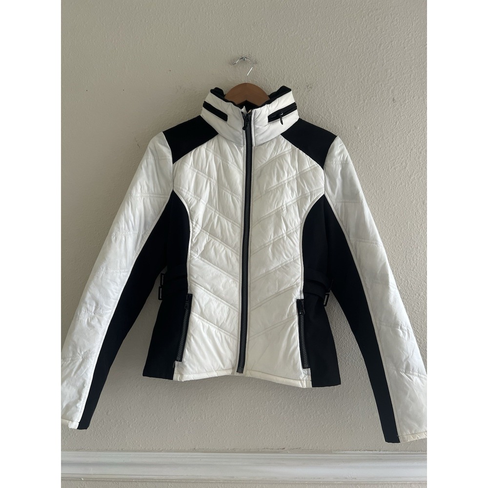 GUESS White Black Colorblock Chevron Quilted Ski Puffer Jacket Women's M Winter
